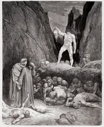 De Goddelijke Komedie, Inferno, Canto 28: Het afgesneden hoofd van Bertrand de Born spreekt tot Dante - door Dante Alighieri (1265-1321) - Illustratie door Gustave Doré (1832-1883)