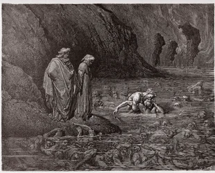 Inferno, Canto 32: Ugolino knaagt aan het hoofd van aartsbisschop Ruggieri (Illustratie door Gustave Doré)