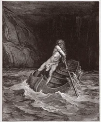 De Goddelijke Komedie (La Divina Commedia, La Divine Comedie), Inferno, Canto 3: Charon (Caron) op de rivier Acheron - door Dante Alighieri (1265-1321) - Illustratie door Gustave Doré (1832-1883)