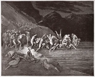 De Goddelijke Komedie, Inferno, Zang 3: De verdoemde zielen schepen in om de Acheron over te steken - door Dante Alighieri (1265-1321) - Illustratie van Gustave Doré (1832-1883)