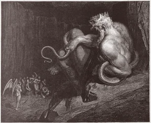 De Goddelijke Komedie, Inferno, Canto 5: Minos oordeelt over de overtredingen en stuurt de zielen - door Dante Alighieri (1265-1321) - Illustratie door Gustave Dore (1832-1883)