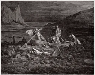 Inferno, Canto 8: Phlegyas brengt Dante en Virgil over de Styx (Illustratie door Gustave Doré)