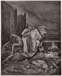 De Goddelijke Komedie, Inferno, Canto 8: De ziel van de Florentijn Philippo Argenti benadert de dichters op de Styx - door Dante Alighieri (1265-1321) - Illustratie door Gustave Dore (1832-1883)