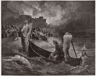 De Goddelijke Komedie (La Divina Commedia), Inferno, Canto 8: Virgil en Dante ontschepen bij de citadel van Dis - door Dante Alighieri (1265-1321) - Illustratie door Gustave Doré (1832-1883)