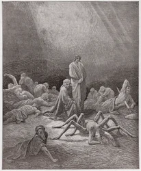 De Goddelijke Komedie, Purgatorio, zang 12: Dante ziet de ziel van Arachne - van Dante Alighieri (1265-1321) - illustratie van Gustave Doré (1832-1883)