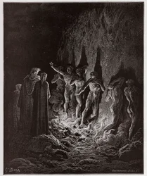 De Goddelijke Komedie, Purgatorio, Canto 25: De wellustigen passeren door vuur in de zevende cirkel - door Dante Alighieri (1265-1321) - Illustratie door Gustave Doré (1832-1883)