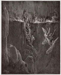 De Goddelijke Komedie, Purgatorio, Canto 25: Virgil en Dante stijgen naar de zevende cirkel door vlammen - door Dante Alighieri (1265-1321) - Illustratie door Gustave Dore (1832-1883)
