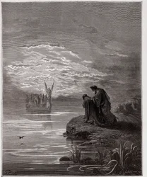 De Goddelijke Komedie (La Divina Commedia, La Divine Comedie), Purgatorio, Canto 2: Dante buigt voor de engelpiloot - door Dante Alighieri (1265-1321) - Illustratie door Gustave Doré (1832-1883)