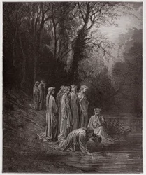 De Goddelijke Komedie, Purgatorio, Canto 33: Dante drinkt uit de rivier de Eunoë - door Dante Alighieri (1265-1321) - illustratie van Gustave Doré (1832-1883)