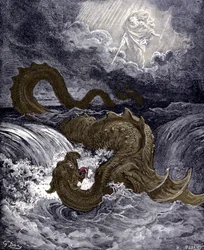 De Leviathan, zeemonster dat lijkt op de zeeslang die in de Bijbel wordt genoemd. Illustraties van de Bijbel door Gustave Dore. Gravure uit de 19e eeuw.