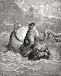 De Aap en De Dolfijn na een werk van Gustave Dore voor een La Fontaine fabel uit Leven en Herinneringen van Gustave Dore, gepubliceerd 1885