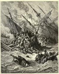 "De zeeslag van Lepanto" Het zette een Spaanse, Venetiaanse alliantie en pauselijke strijdkrachten op tegen de Ottomanen in 1571 voor de kust van Griekenland. Gravure van Gustave Dore (1832-1883) uit "De geschiedenis van de kruistochten" door Joseph Franco