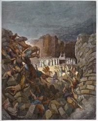 De val van de muren van Jericho - Gravure in «De geïllustreerde Bijbel» van Gustave Doré (1832-1883) - Gravure uit «De Doré-bijbel»