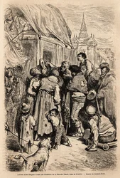 De aankomst van de diligence in een hotel in Santa Cruz de modela (provincie Mancha), belaagd door bedelaars die om aalmoezen vragen. Tekening door Gustave Dore (1832-1883). Gravure ter illustratie van de reis in Spanje, in 1862 door Charles Davillier en G