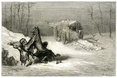 De bandiet Agostin wordt aangevallen door een wolf, nabij het dode paard nog in de kar verlaten door komedianten, of verbergt de kleine Chiquita. Gravure door Gustave Doré ter illustratie van Théophile Gautier