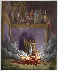 De brandende oven (de drie kinderen van Babylon, de drie jonge Hebreeën of de drie jongemannen) Ananias, Azarias en Misaël in een brandende oven geworpen omdat zij weigeren te buigen voor het standbeeld van de koning van Babylon - De drie jongemannen in de