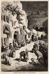 De grotten (ondergrondse huizen) van zigeuners, in Sacro Monte, in Granada. Gravure in Le tour du monde, bewerkt door Edouard Charton.