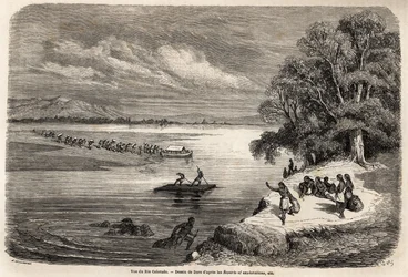 De oversteek van de Colorado-rivier per vlot, vergezeld door enkele Mohaves-indianen, tekening door Gustave Dore (1832-1883), ter illustratie van de reis van de Mississippi naar de Stille Oceaan in 1853-54 door Baudouin Mollhausen (1825-1905). Gravure in 