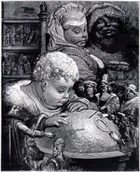 De opvoeding van Gargantua: de reus, kind, bestudeert een wereldbol met zijn leraren, onder het oog van zijn ouders