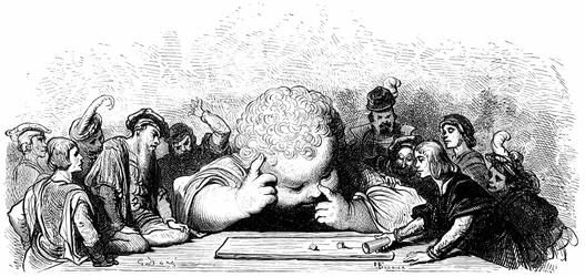 De opvoeding van het kind Gargantua: hij leert dobbelstenen te spelen. Illustratie door Gustave Doré voor het werk van François Rabelais