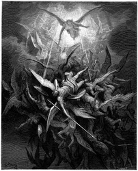 De val van de engelen. Illustratie van Gustave Doré voor „Het verloren paradijs” van John Milton (1608-1674). Gravure uit 1866. Privécollectie