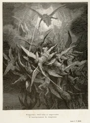 De val van de engelen, scène uit Het verloren paradijs van John Milton (1608-1674), illustratie van Gustave Doré (1832-1883)