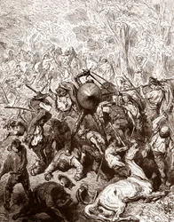 Het gevecht tegen de muilezeldrijvers van Yanguas Gravure door Gustave Doré voor 