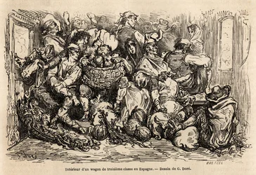 Het interieur van een derde klas wagon in Spanje. Gravure in Le tour du monde, bewerkt door Edouard Charton.