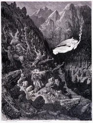 De oude man met een beurs en zijn stok die in een vijandig landschap loopt, wordt overtroffen door een engel die een vuurspies zwaait, Plaat VII - Illustratie door Gustave Doré, voor La légende du Juif errant door Pierre Dupont, editie Librairie du magasin