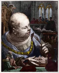 De pelgrims worden in salades gegeten - illustratie uit "Gargantua en Pantagruel" door Francois Rabelais - gravure door Gustave Dore