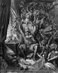 Het lezen van Don Quichot (Quixote of Qijote). Gravure van Gustave Doré ter illustratie van de Hachette-uitgave uit 1869 van het boek ‘De vernuftige edelman Don Quichot van La Mancha’ (Mancha) van Miguel de Cervantes Saavedra, vertaald door Louis Viardot