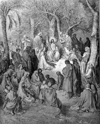 De bergrede: Jezus Christus predikt voor al zijn discipelen. Illustratie van de Bijbel (Nieuwe Testament) door Gustave Doré (1832-1883) 1866