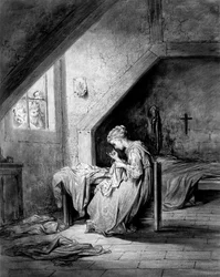 Het lied van het hemd door Thomas Hood uitgegeven door Moxon - Een arme naaister die een hemd naait in een slaapkamer, een crucifix hangt boven het bed. illustratie (tekening) door Gustave Dore rond 1870 - Een schets van deze gravure bestaat in het Musee d