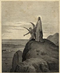 "De verzoeking van Christus" Jezus gaat de woestijn in en wordt verzocht door de duivel. Illustratie door Gustave Dore (1832-1883) voor de Bijbel. 1866