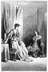 Vallombreuse knielt voor Isabelle, op wie hij verliefd is. Gravure door Gustave Dore ter illustratie van Theophile Gautier