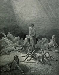 Vergilius (70-19 v.Chr.) en Dante kijken naar de spinnenvrouw, illustratie uit „De goddelijke komedie“ (Inferno) van Dante Alighieri (1265-1321), Parijs, gepubliceerd in 1885