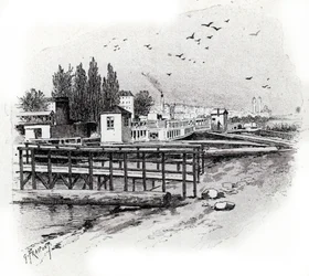 Reparatiewerkplaatsen voor waterbussen op de Seine in Parijs