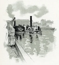 Boten aanmeren in de haven van La Villette, Parijs Tekening door Gustave Fraipont (1849-1923) uit 