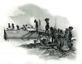 Kolenlossers bij de smederijen van Ivry-sur-Seine, tekening van Gustave Fraipont (1849-1923) naar Saint-Juirs