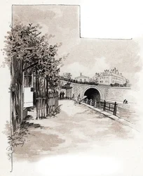 Douanekantoor op de quai de Valmy, Canal Saint-Martin, Parijs Tekening door Gustave Fraipont (1849-1923) uit 