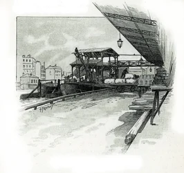 Dokken van de haven van La Villette, Parijs. Tekening door Gustave Fraipont (1849-1923) uit 