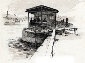 Embarcadère des Bateaux-mouches (Bateaux-mouches) op de Seine, Parijs. Tekening door Gustave Fraipont (1849-1923) uit 