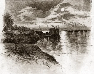 Uitgang van de riool van Bercy in Parijs (De uitgang van de riooltunnel in de Seine, Bercy, Parijs) Tekening door Gustave Fraipont (1849-1923) getekend door 