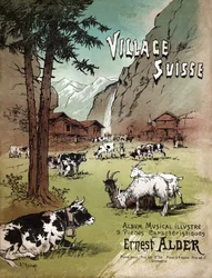 Boerderij en landschap in de Zwitserse Alpen, circa 1910 (illustratie)