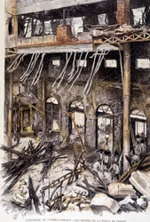Brandweerlieden werken in de ruïnes van de zaal van de opera comique de Paris na de brand, door Fraipont
