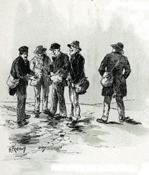 Les marchands de bout de cigare dans quartier Maubert, Paris Tekening door Gustave Fraipont (1849-1923) uit 