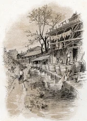 Megisseries de la rue du pot-au-lait in de wijk Pete Gentilly aan de oevers van de Bievre in Parijs. Tekening door Gustave Fraipont (1849-1923) uit Saint-Juirs