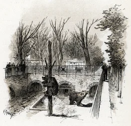 Uitzicht op de berenkuil in de Zoo du Jardin des Plantes, Parijs Tekening door Gustave Fraipont (1849-1923) uit 