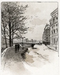 Uitzicht op de Quai des Orfèvres, Île de la Cité, Parijs Tekening door Gustave Fraipont (1849-1923) uit Saint-Juirs