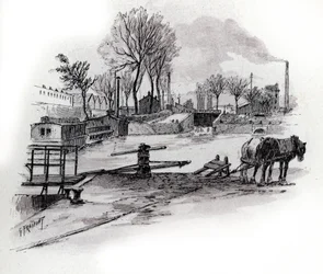Uitzicht op het kanaal Saint-Denis en quai de la Gironde in La Villette, Parijs Tekening door Gustave Fraipont (1849-1923) uit Saint-Juirs